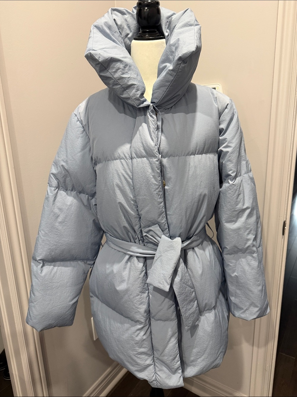 Belted Light Blue Puffer Coat with High Collar